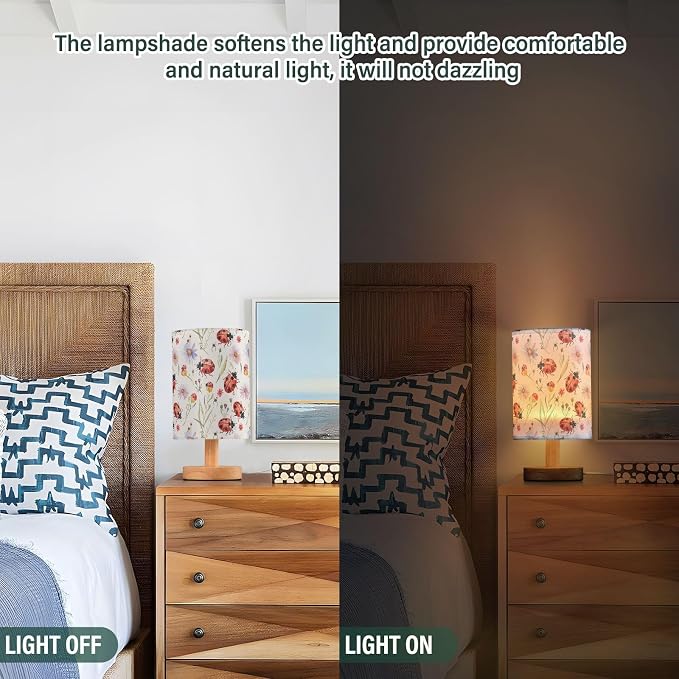 Ladybug Flowers Botanical Table Lamp for Bedroom USB Port Lamps Small Accent Table Lamp Nightstand Lamp Study Linen Shade with Wooden Base, Decorative Lamps for Bedside Reading|Kids|Dorm|Home