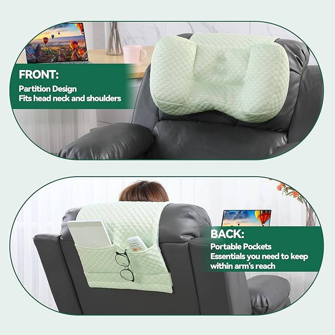 MABOZOO Neck Pillows for Recliners with Pocket,Headrest Cushion for Neck Pain Relief and Cervical Support,Recliner Head Pillow for Side Sleeping at Home, Office or Traveling（Green）