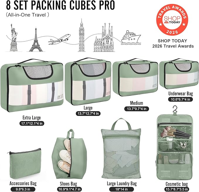 Veken 8 Set Packing Cubes for Travel Essentials, Suitcase Organizer Bags in 4 Sizes, Carry-On Luggage Accessories with Large Laundry & Hanging Toiletry Bag, Must-Have for Airplane, Road Trip & Camping