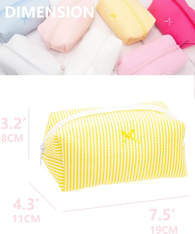 PAZIMIIK 2PCS Cozy Makeup Bag Small Aesthetic Travel Zipper Cosmetic Pouch for Women Make Up Beauty Accessories Brushes, Stripe Yellow