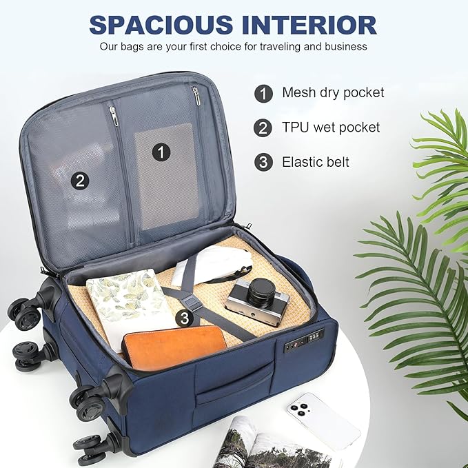 KROSER Softside Expandable Carry On Luggage with Front Business Pockets，20 Inch Suitcases with Spinner Wheels & Built-in TSA Lock, Durable Suitcase Rolling Luggage with USB Port, Navy