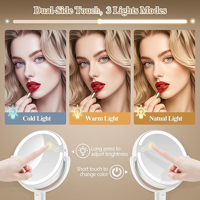 MOMOKUBA Makeup Mirror with Lights, Double Sided 1x/20x Magnifying Mirror with Light, Rechargeable 3 Color Lights and Adjustable Brightness, 360° Rotation Detachable Comes with Tweezer(White)