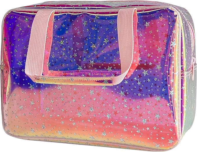 TPU Holographic Pink Star Large Cosmetic Bag 12x5x8 inch Travel Pouch with Handle,Durable Material,Zipper Design-Ideal for Makeup,Travel Essentials (9593-8)