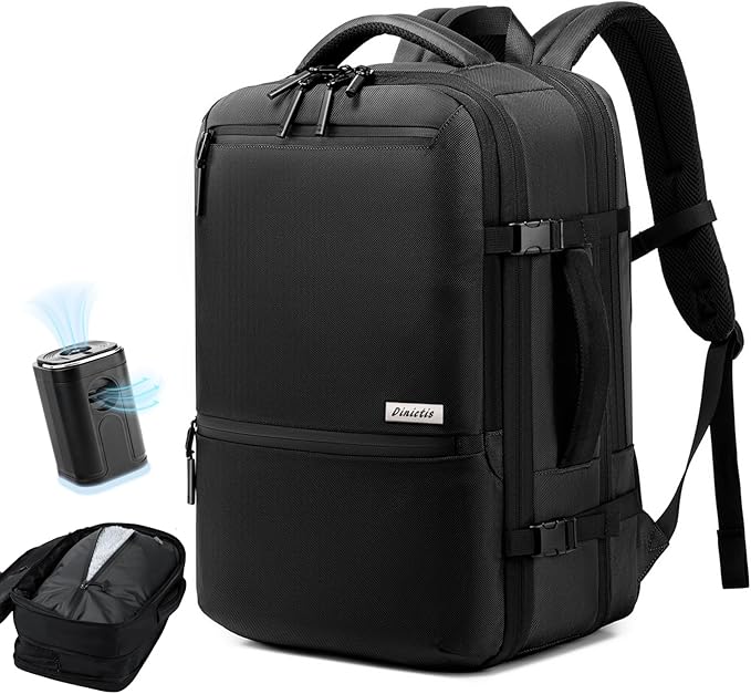 Dinictis Vacuum Seal Backpack 60L with Pump, Expandable Backpack with Vacuum Compression fits 17 inch Laptop, Water Resistant Carry On Suitcase Luggage suit for Short Trip and Business-Black