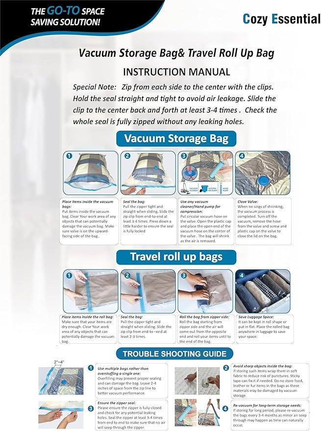 Cozy Essential Vacuum Storage Bags, 80% Compression Vacuum Seal Space Saver Plastic Packaging Bags for Clothes, Blankets, Pillow, Bedding, Comforters, Sealer Clothing Storage,20 Combo