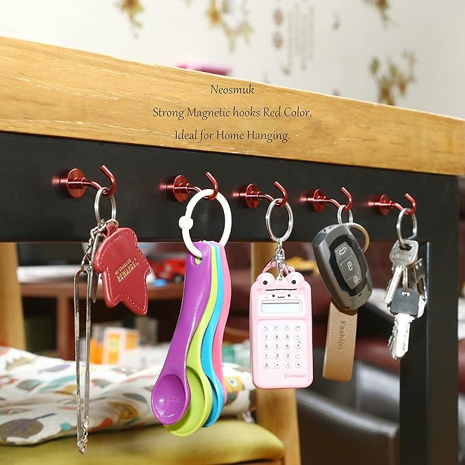 Neosmuk Magnetic Hooks, 30lb+ Heavy Duty Earth Magnets with Hook for Refrigerator, Extra Strong Cruise Hook for Hanging, Magnetic Hanger for Cabins, Grill (Red, Pack of 6)