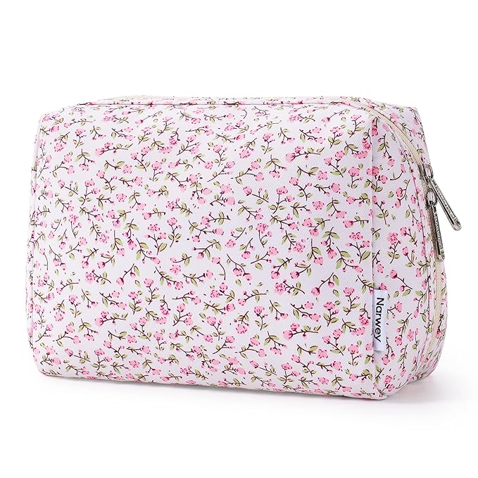 Narwey Cute Floral Makeup Bag Travel Cosmetic Bag Organizer Toiletry Bag Make Up Bags with Compartments for Women Girls (Pink Flower, Large)