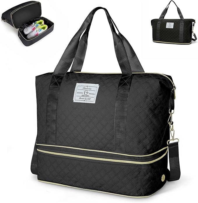 Geestock Travel Duffel Bag, Weekender Bags for Women, Carry on Overnight Bag with Shoe Compartment & Trolley Sleeve, Personal Item Travel Bags with Storage Pouch for Travel, Yoga, Gym, Hospital, Black