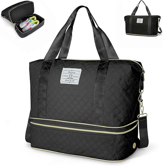 Geestock Travel Duffel Bag, Weekender Bags for Women, Carry on Overnight Bag with Shoe Compartment & Trolley Sleeve, Personal Item Travel Bags with Storage Pouch for Travel, Yoga, Gym, Hospital, Black