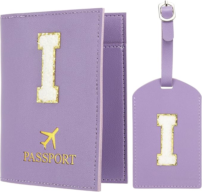 PATIKIL Passport Holder for Travel, Initial Passport Cover and Luggage Tag Set with Alphabet Chenille Letter Patch Travel Wallet Bag Suitcase Identifier for Women Family Travel Purple I