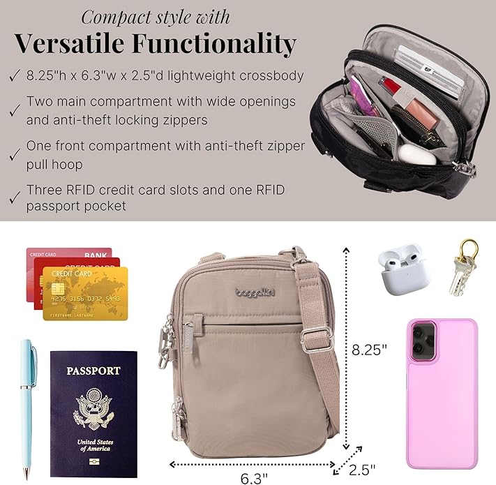 Baggallini Securtex® Anti-theft Mini Everything Crossbody Bag, 6.3"x8.25" Rfid, Locking Zippers & Cut-resistant Strap