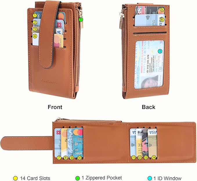 Chelmon Womens Wallet Slim RFID Blocking Bifold Multi Card Case Wallet with Zipper Pocket (Tan)