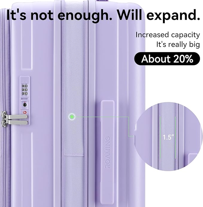 ROAMING 24 Inch Checked Luggage TOP Opening Rolling Suitcase PC hard sided luggage with Spinner Wheels Cup Holder Tsa Lock Specially Designed Ergonomic Pull Rod Handle for Travel Woman Men purple