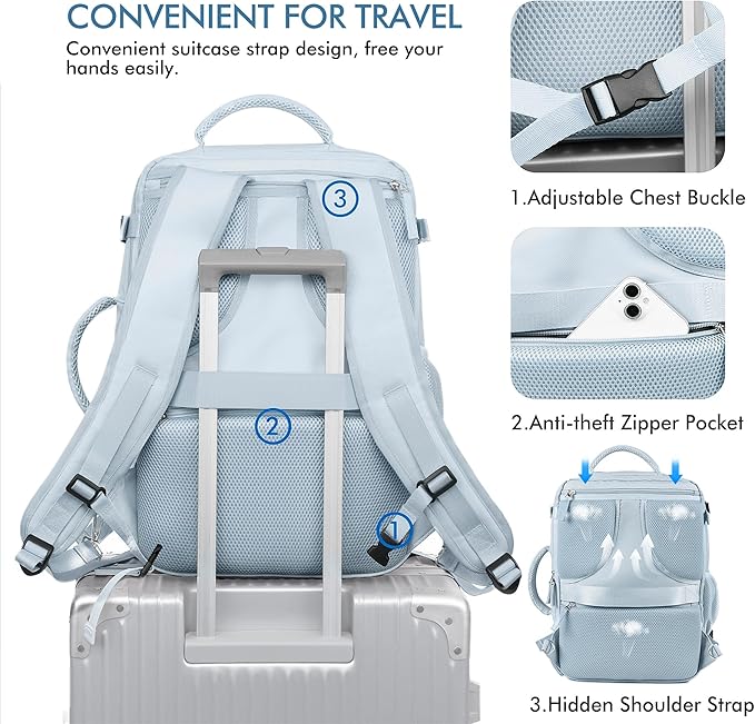 Beraliy 29L Travel Backpack Women, Airline Approved Backpack, Carry On luggage, 17.3 inch Laptop Backpack, Waterproof Business Hiking Weekend Bag, Light-blue