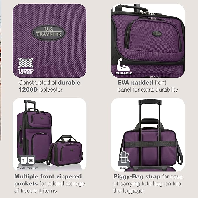 U.S. Traveler Rio Lightweight Softside Rolling Carry-on Suitcase, 2-Wheel Set, Purple