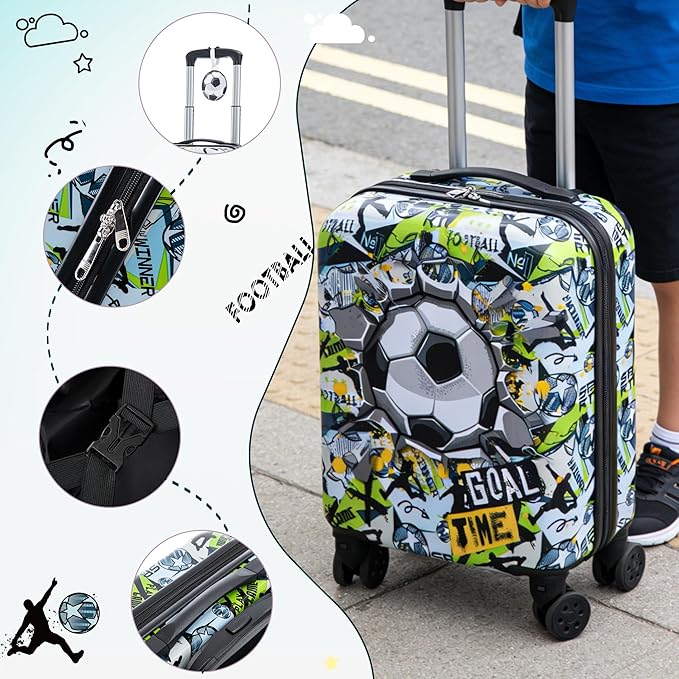 Kid’s Luggage Set 6 Piece Suitcase Set 16" Hardside Luggage with Spinner Wheels Girls Boys Carry on Luggage Travel Rolling Luggage Airline Approved (Soccer)