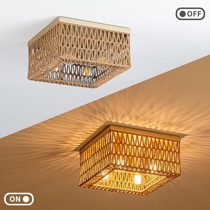 Rpzloila Rattan Ceiling Light, 4-Light Boho Light Fixture, Square Flush Mount Ceiling Light for Bedroom, Hallway, Entryway, Kitchen, Living Room