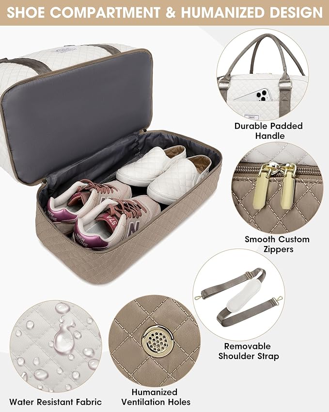 Travel Duffle Bag Weekender for Women: Travel Duffel Carry-On Overnight Bags with Shoe Compartment & Wet Pocket Large Weekend Tote Beige Khaki