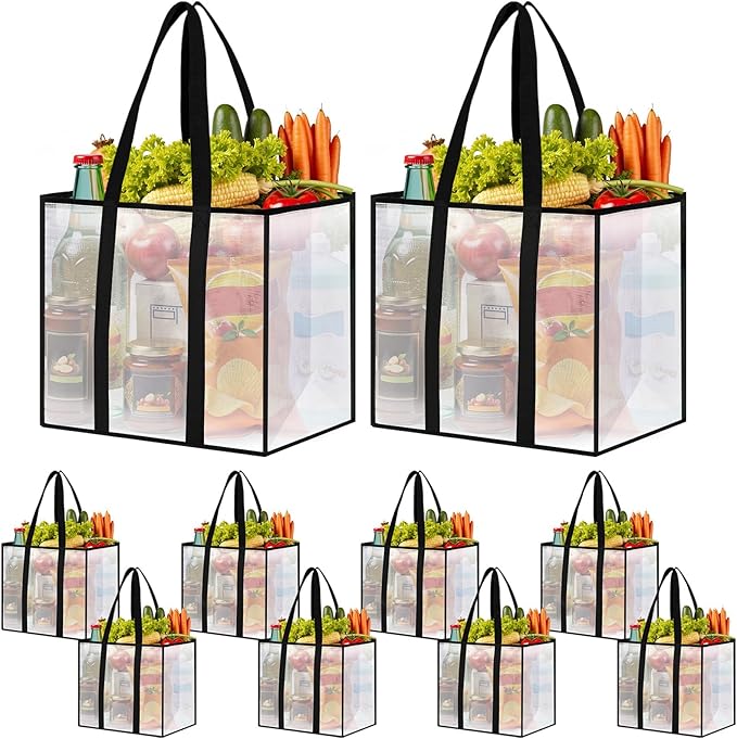 10 Pack Reusable Grocery Bags, Heavy-Duty Shopping Bags with Sturdy Handles, Water-Resistant & Foldable Organizer, Shopping Bags for Groceries, Market, Car Trunk, Multi-Purpose, 33L