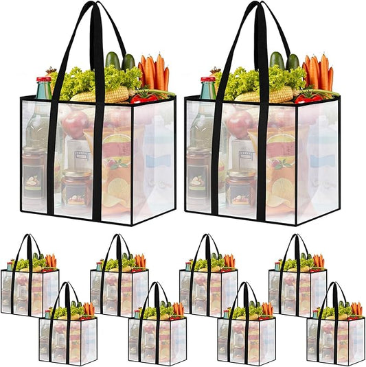 10 Pack Reusable Grocery Bags, Heavy-Duty Shopping Bags with Sturdy Handles, Water-Resistant & Foldable Organizer, Shopping Bags for Groceries, Market, Car Trunk, Multi-Purpose, 33L