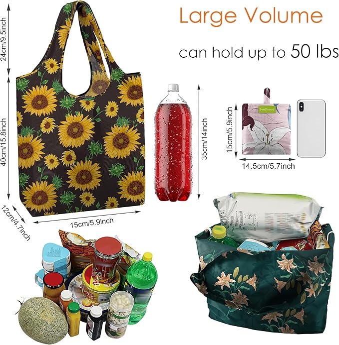 BeeGreen Cute Rose Green Gift for Women Reusable Shopping Bags Large Shopping Basket for Groceries Foldable Gift Bag Grocery Organizer with Handles Tote Bulk Cloth Heavy Duty Washable Packable