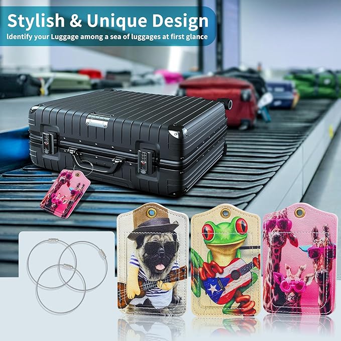 Fishent Luggage Tag (3 Pack) - PU Leather, Rectangular, Cute Animals, Privacy Flap - Travel Tags for Suitcases, Cruise, Backpack, Handbag, School Bag, Baggage Identifier