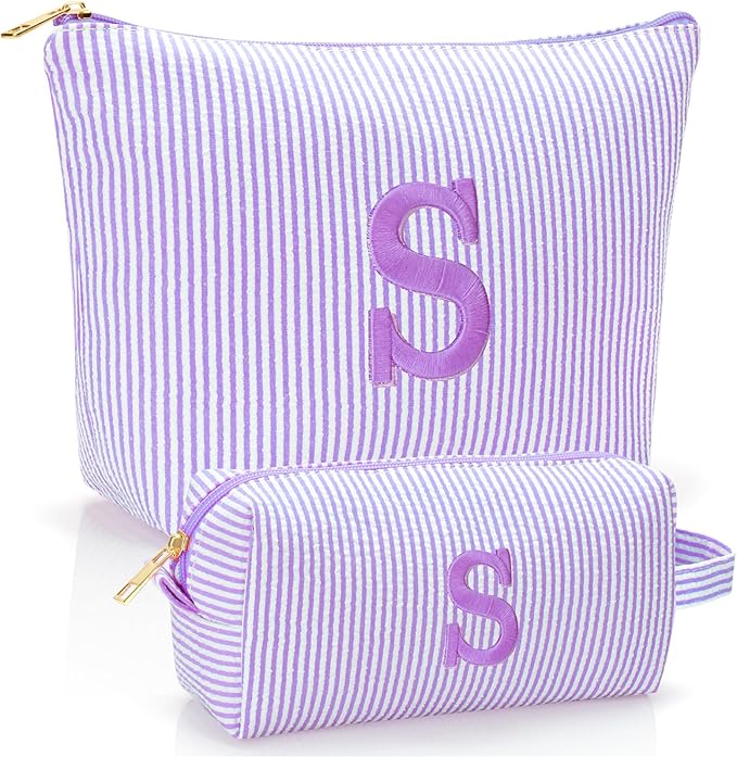 Personalized Initial Makeup Bag,Toiletry Travel Cosmetic Bag,Trendy Stuff for Teen Girls and Women,Holiday & Birthday Gift,2 Pack (S, Purple)