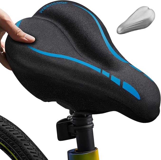MEENCOOL Bike Seat Cushion - Gel Padded Bike Seat Cover for Men Women Comfort, Adjustable Velcro Secure Bicycle Seat Cushion Compatible with Peloton, Indoor & Outdoor Bicycle Seat(11"x7")