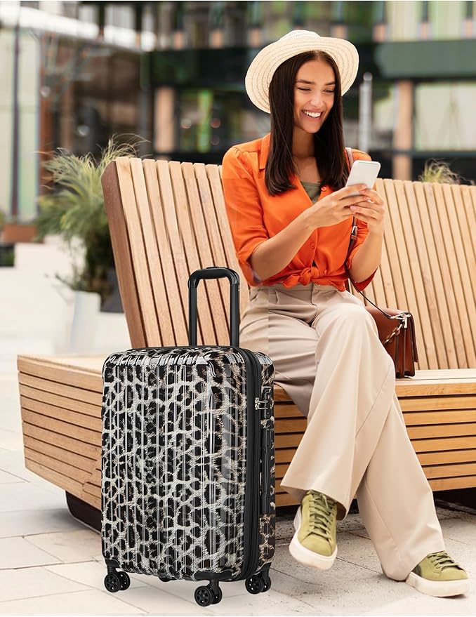 Cheetah Print Carry on Luggage 2 Piece（20in/24inch - Airline Approved Suitcases with Spinner Wheels, Built-In TSA Lock，Hard Shell Expandable Suitcases