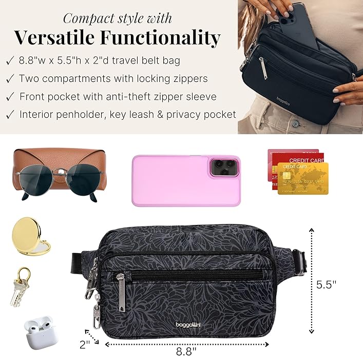 Baggallini Securtex Anti-theft Belt Bag 8.8"x5.5" Crossbody Fanny Pack for Women RFID Wallet Locking Zipper Travel Purse