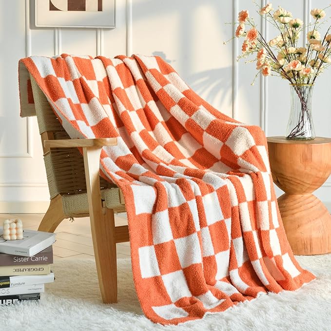 Checkered Blanket, Cozy Soft Throw Blankets for Couch Bed, Fluffy Plaid Lightweight Comfy Travel Picnic Blanket Gifts for Sofa Chair Living Room Camping (Orange, Twin 60"x80")