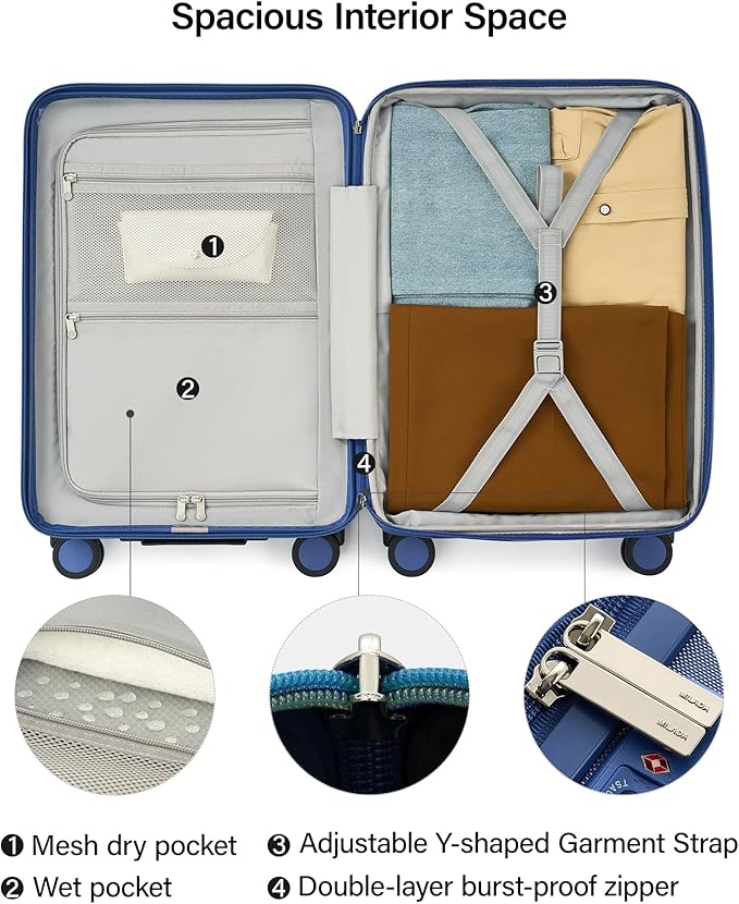 MILADA Expandable Carry On Luggage 20 Inch - Airline Approved Hardshell Suitcase with 8 Spinner Wheels, TSA Lock, Water-Resistant PC Shell, Lightweight & Durable for Travel, Interstellar Blue