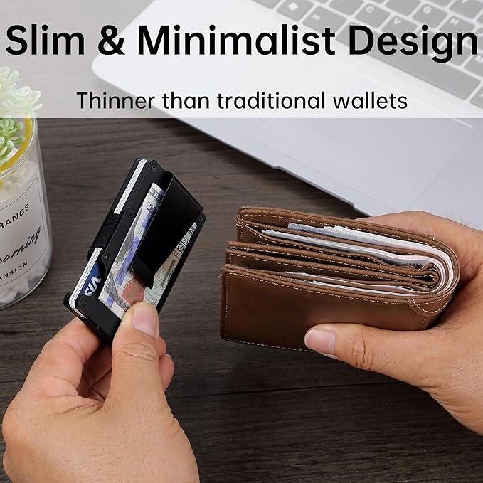 Minimalist Carbon Fiber Wallet for Men, Money Clip Cash Strap Wallet, RFID Blocking Metal Wallet Aluminum Card Holder,Front Pocket Wallet(Matte Black)