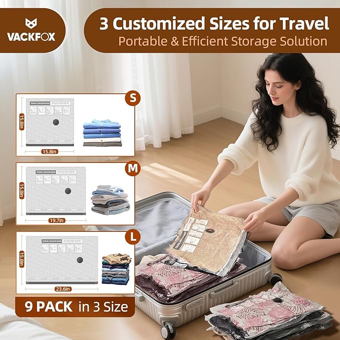 Travel Vacuum Storage Bags, 9 Pack Carry-On Size for Luggage and Suitcase, Vacuum for Bags Storage, Space Saver for Clothes & Clothing - 80% Space Saver（No pump）