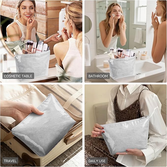 WLLWOO PVC Waterproof Makeup Bag Kraft Paper Cosmetic Bag Travel Toiletry Zipper Pouch Organizer for Women Purse