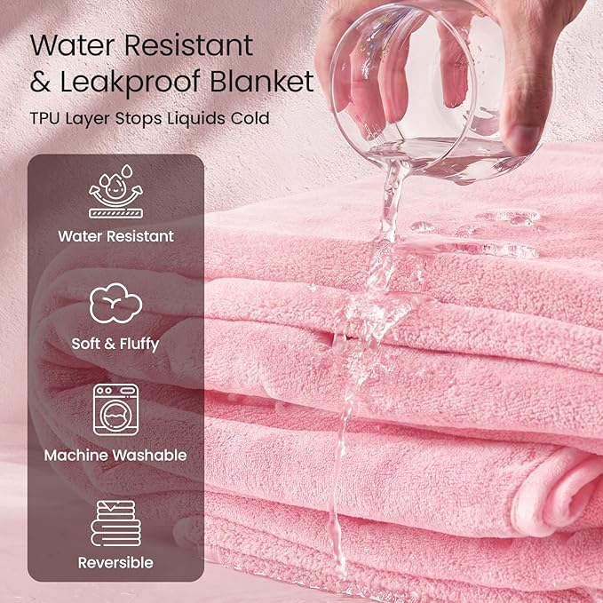 LOOBANI Waterproof Throw Blanket for Couch: Reversible Leakproof Couch Blanket 40" x 60", Soft Coral Fleece Bed Blanket Stain-Proof for Sofa Cover, Pet Accidents, Travel, Pink