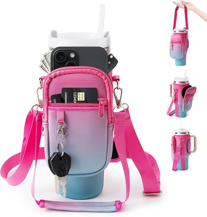 linmaya Water Bottle Carrier Bag for Stanley Cup 40/30oz with Phone Holder Pockets,Neoprene Water Bottle Cross-body Bag with Adjustable Shoulder & Hand Strap Stanley Cup Accessories