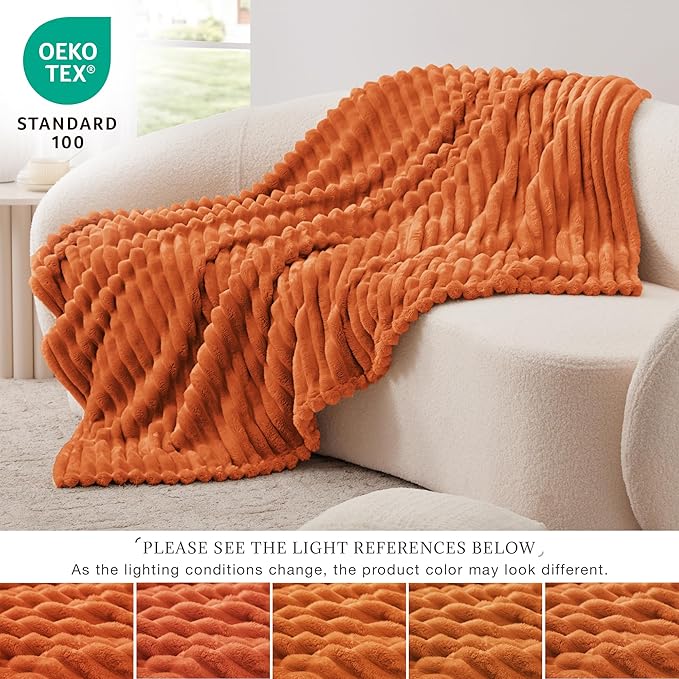 EXQ Home Fall Throw Blanket for Couch or Bed - 3D Stripe Jacquard Decorative Fleece Blankets - Cozy Soft Lightweight Fuzzy Flannel Blanket Suitable for All Seasons(50"×60",Orange)