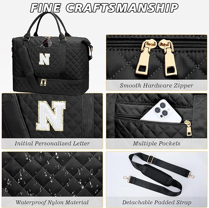 Gifts for Women Teen Girls Initial Travel Duffle Bag Quilted Weekender Bags Carry-On Overnight with Cosmetic Bag Hospital Bag for Women Labor Delivery, Black N