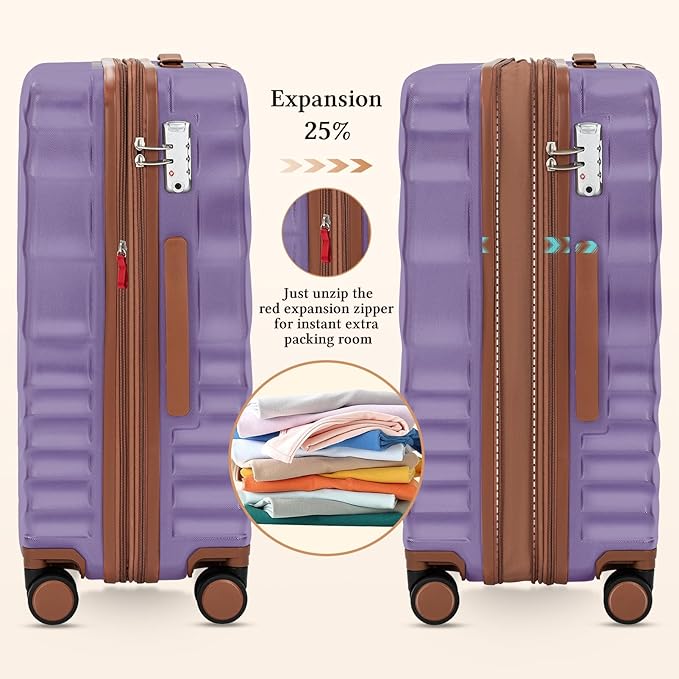 3 piece Luggage Set Expandable Suitcase 22x14x9 Airline Approved Carry on, ABS Hard Case Suitcases with Spinner Wheels,TSA Lock, (purple, 3 Piece Sets(20/BP/TB))