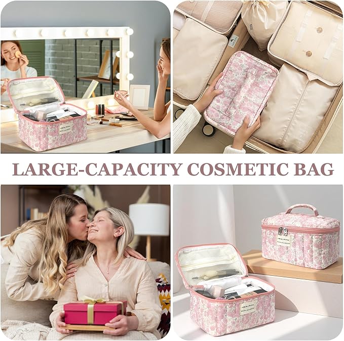 Large Makeup Bag, Cute Cosmetic Bag for Women Girls, Floral Coquette Aesthetic Toiletry Bag, Travel Make Up Organizer Bag (Crushed Flower)