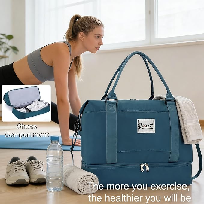 Travel Duffel Bag, Personal Item Travel Bag, Weekender Bag with Shoe Compartment & Wet Pocket, Lightweight Carry On Overnight Tote for Travel, Gym, Weekend Getaway (Peacock Blue)
