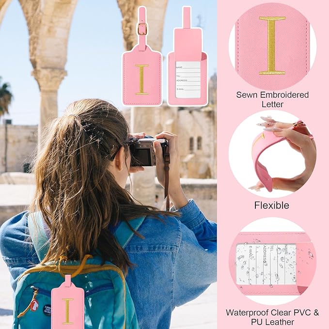 Initial Letter Luggage Tags for Suitcases, Embroidered Monogrammed Suitcase Luggage Identifier Name Tag, PU Leather TSA Approved Luggage Tags, Bag Tags for Men Women Kids Luggage Handbags(Pink I)