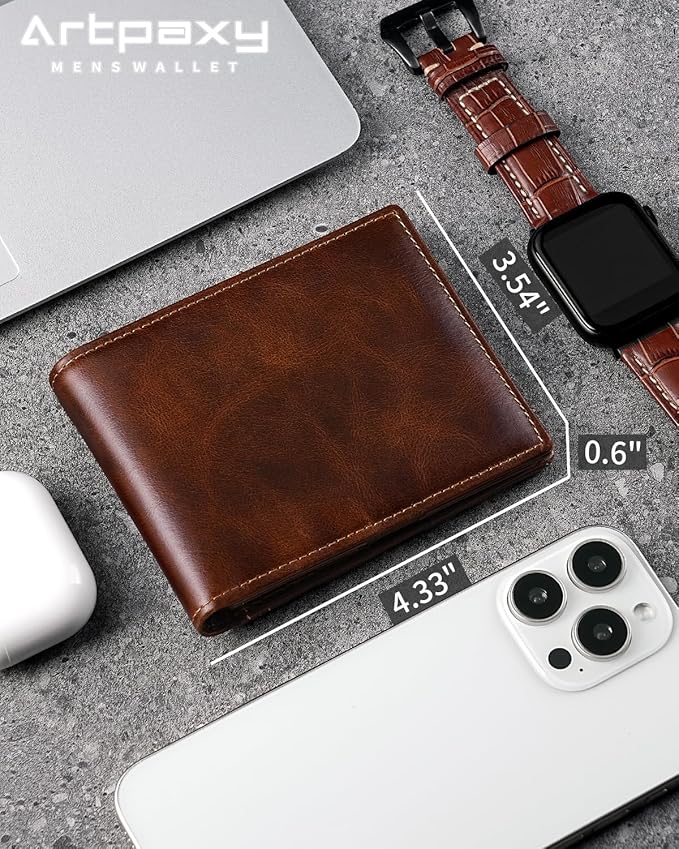 Artpaxy Mens Wallet Bifold Genuine Leather RFID Blocking Wallet for Men with 1 ID Windows 13 Card Holders 2 cash pockets 1 Gift Box