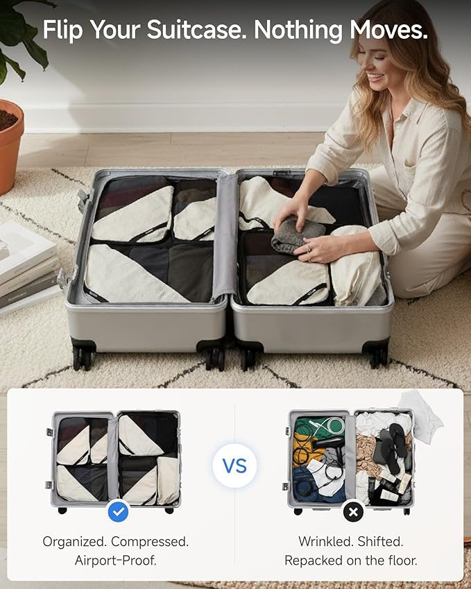 LUGGEX Packing Cubes for Travel, POX01 Luggage Organizers Bags, Suitcase Organizer with Shoe Bag, 6 Set Travel Cubes for Packing (POX-Core, Beige)