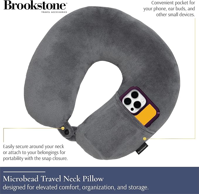 Brookstone Microbead Travel Head and Neck Pillow Lightweight and Plush with Phone or Headphone Pocket, Dark Grey