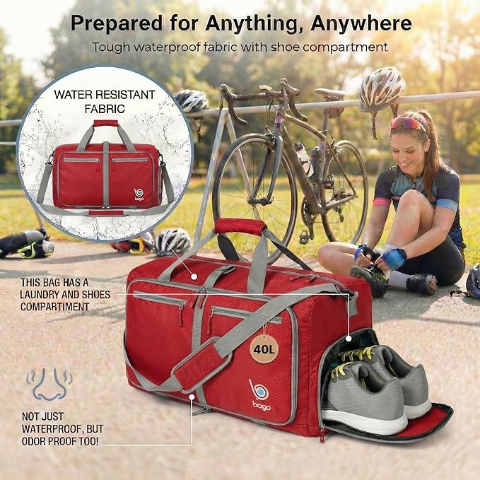 Bago Compact Duffle Bag for Travel Women & Men. Durable Lightweight Foldable Travel Duffel Bags For Traveling Women. 40L Duffle Bags a Reliable Weekender duffel or Overnight Bag With Shoe Compartment