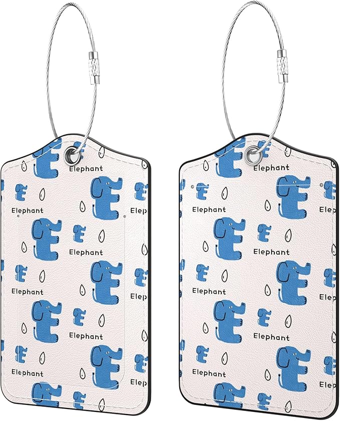2 Pack PU Leather Luggage Tags for Suitcases, Privacy Protection Cover with Stainless Steel Loop and Address Card, Travel Cruise Essentials (Blue Elephant)