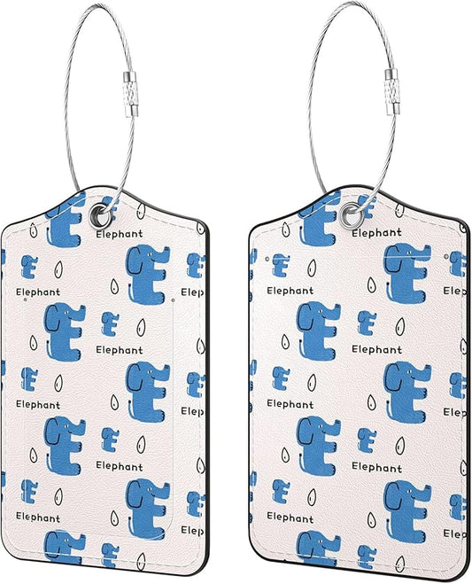 2 Pack PU Leather Luggage Tags for Suitcases, Privacy Protection Cover with Stainless Steel Loop and Address Card, Travel Cruise Essentials (Blue Elephant)