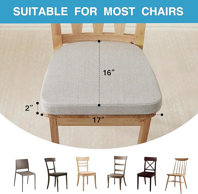 Chair Cushions for Dining Chairs Set of 2, Non Slip Kitchen Chair Pads, 17" x 16" x 2", Indoor Dining Chair Cushions with Ties, D-Shaped Seat Cushions for Kitchen Chairs, Beige